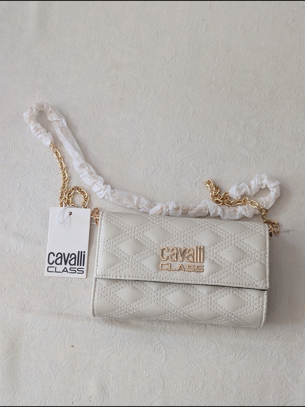 Cavalli Class Turin Wallet Phone Crossbody Ivory Quilted Stitch Chain Strap